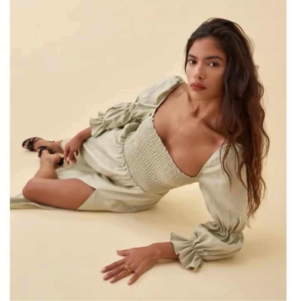 REFORMATION Hyland Smocked Linen Midi Dress